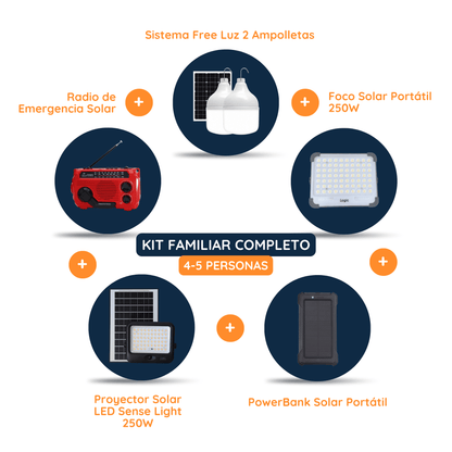 Nuevo Kit de emergencia familiar para 4 a 5 personas con sistema Free Luz de 2 ampolletas, proyector solar SenseLight 250W, foco solar portátil 250W, radio de emergencia solar y power bank solar portátil.