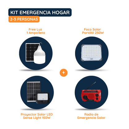Nuevo Kit de emergencia para hogar de 2 a 3 personas con sistema Free Luz de 1 ampolleta, proyector solar SenseLight 150W, foco solar portátil 250W y radio de emergencia solar.