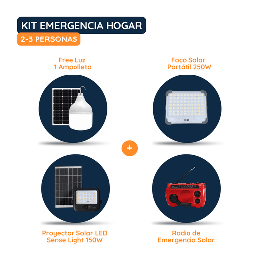 Nuevo Kit de emergencia para hogar de 2 a 3 personas con sistema Free Luz de 1 ampolleta, proyector solar SenseLight 150W, foco solar portátil 250W y radio de emergencia solar.