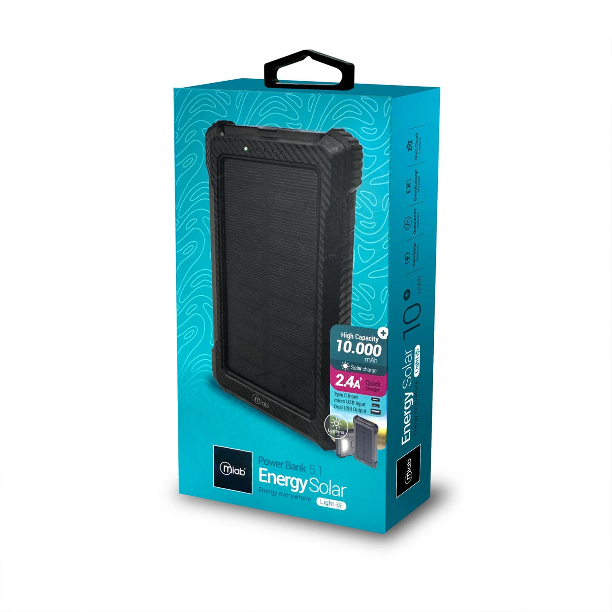 Caja del power bank solar Mlab Energy Solar 10000 mAh con especificaciones del producto