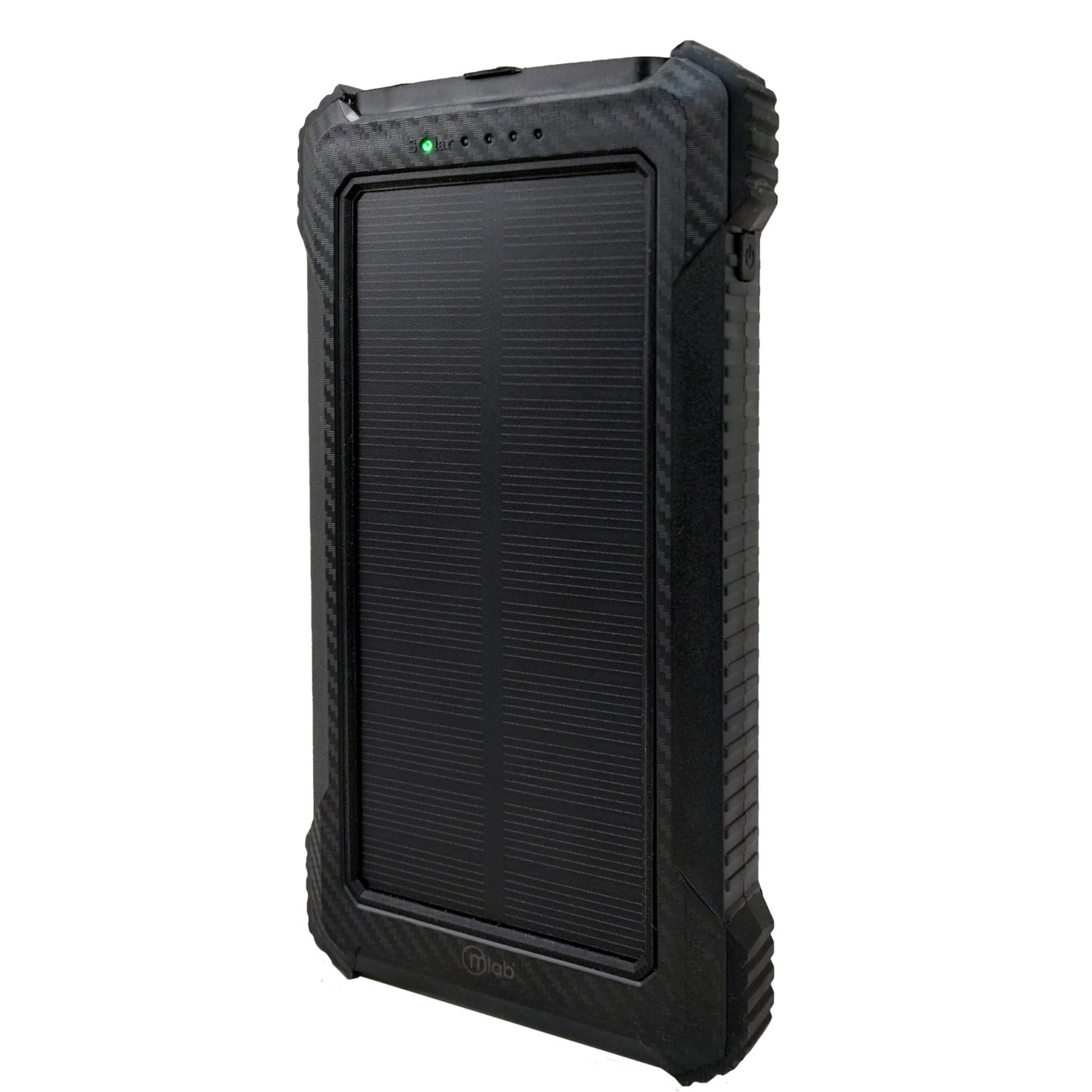 Power bank solar Mlab 10000 mAh vista frontal con indicadores LED de carga