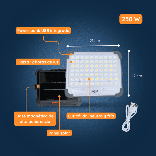 Detalle del proyector solar Felibox S21 250W con panel monocristalino y batería de larga duración.