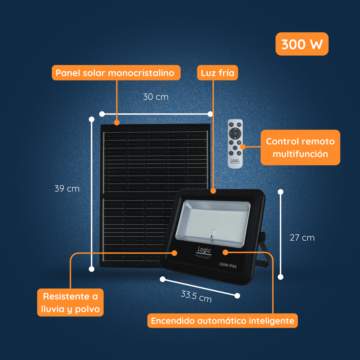 Medidas, dimensiones y características técnicas del Proyector Solar LED Alta Potencia 300W Luz Fría IP65 con control remoto.