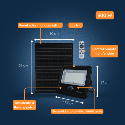 Medidas, dimensiones y características técnicas del Proyector Solar LED Alta Potencia 300W Luz Fría IP65 con control remoto.