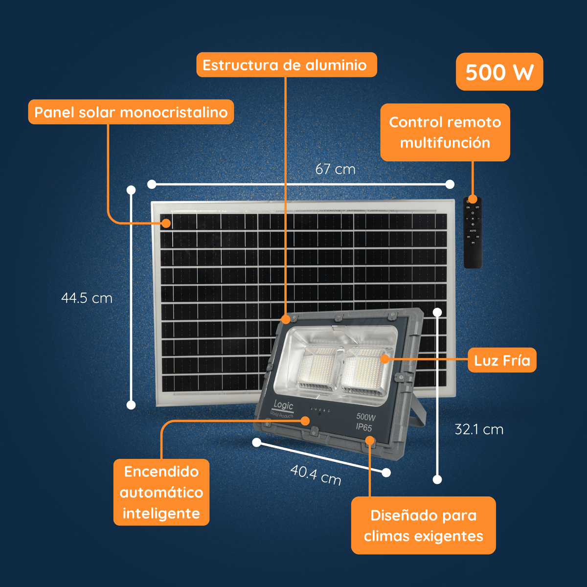 Medidas, dimensiones y características técnicas del Proyector Solar LED Alta Potencia 300W Luz Fría IP65 con control remoto.
