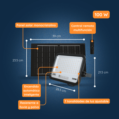 Medidas, dimensiones y características técnicas del Proyector Solar LED EcoLuz Plus 100W 7CCT IP66 con control remoto.