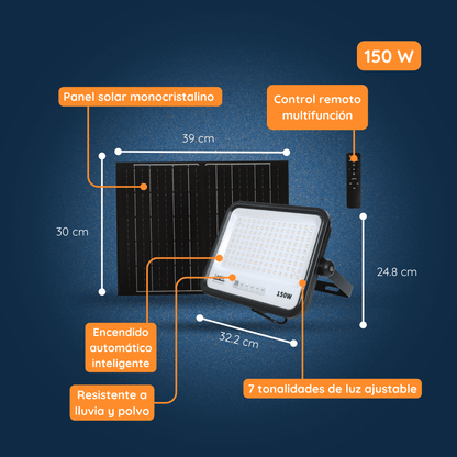 Medidas, dimensiones y características técnicas del Proyector Solar LED EcoLuz Plus 150W 7CCT IP66 con control remoto.