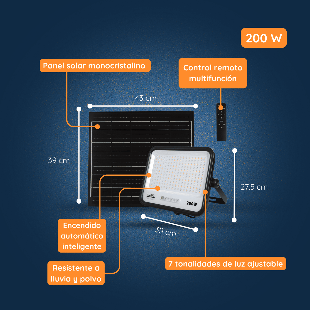 Medidas, dimensiones y características técnicas del Proyector Solar LED EcoLuz Plus 200W 7CCT IP66 con control remoto.