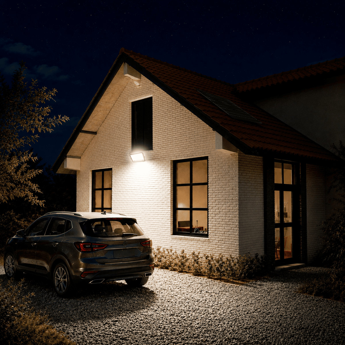 Proyector Solar LED EcoLuz Plus 200W iluminando un estacionamiento residencial durante la noche.