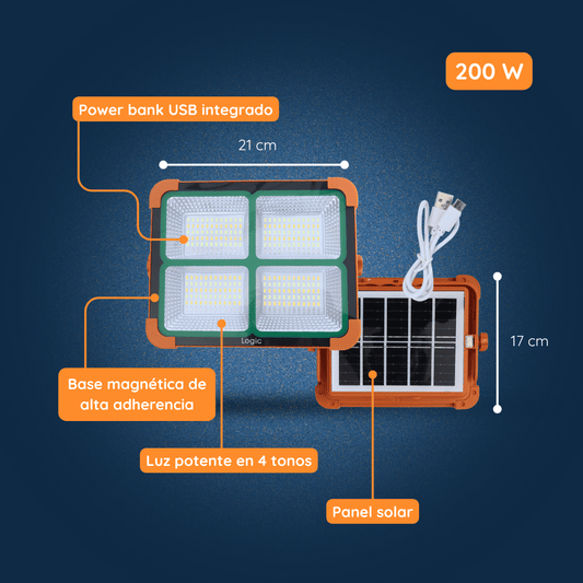Detalle del proyector solar Felibox 200W con panel solar, batería interna y asa de transporte.