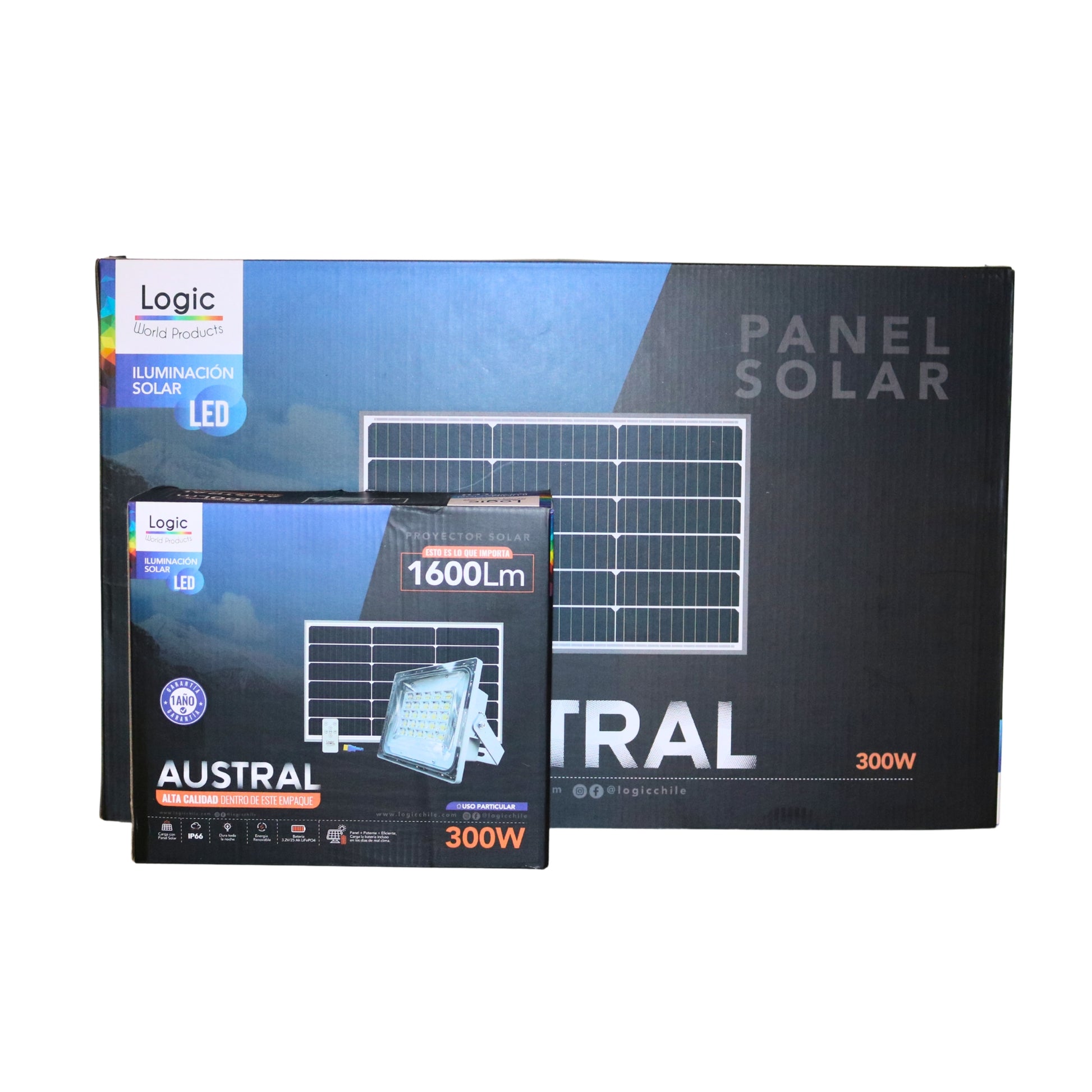 Caja del proyector solar LED Austral 300W luz fría 6500K con panel solar incluido para uso exterior.