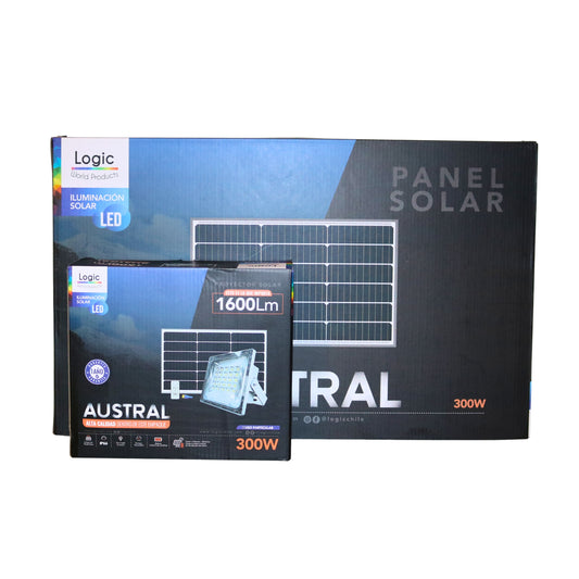 Caja del proyector solar LED Austral 300W luz fría 6500K con panel solar incluido para uso exterior.