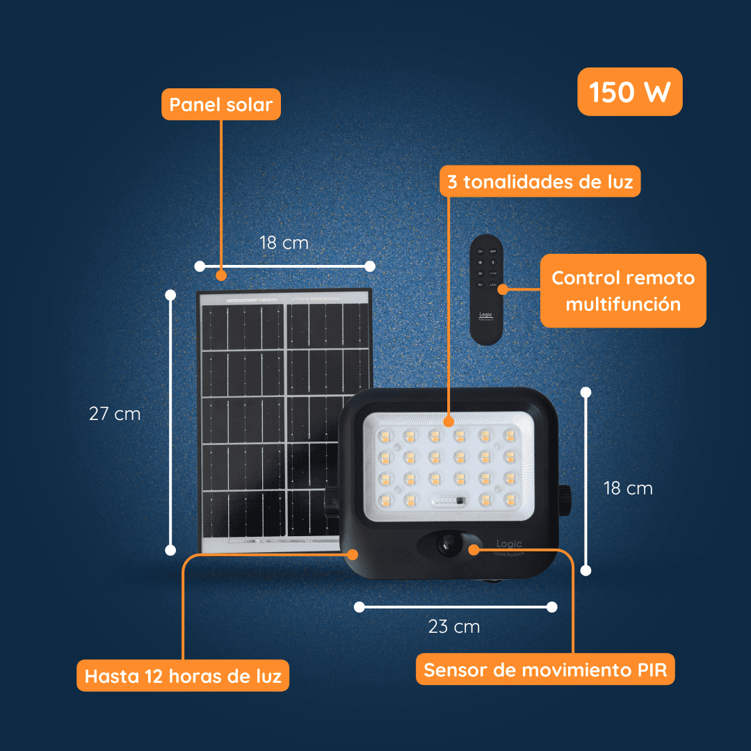 Detalle del SenseLight Plus 150W Felibox con panel solar, sensor PIR y selector 3CCT vía control remoto.