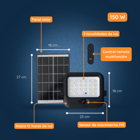 Detalle del SenseLight Plus 150W Felibox con panel solar, sensor PIR y selector 3CCT vía control remoto.