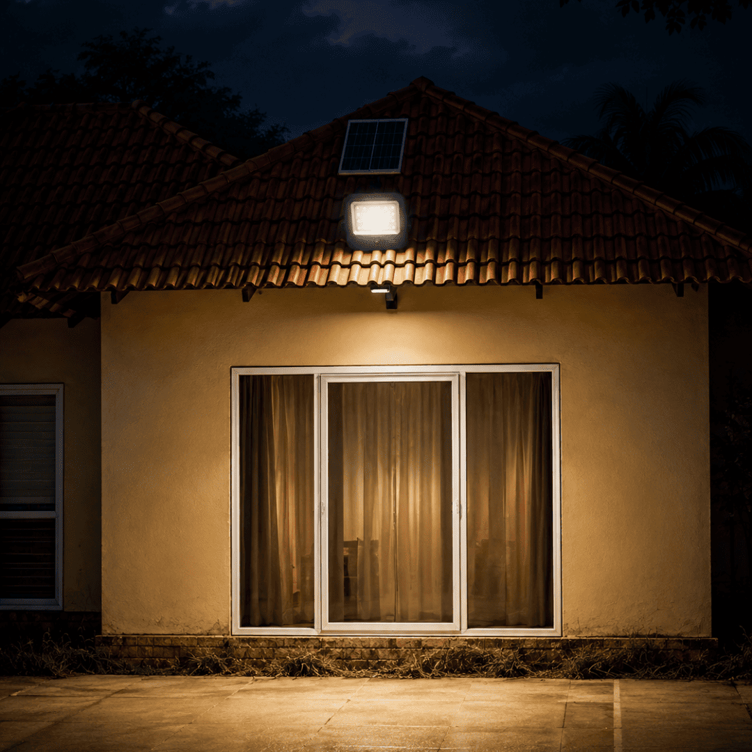 Proyector solar LED SenseLight Plus Felibox 150W con sensor de movimiento, 3CCT y control remoto en exterior de casa.