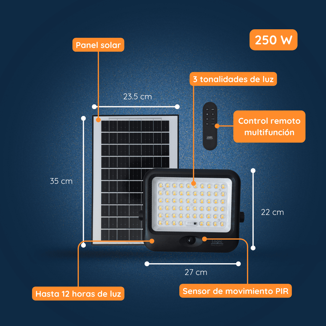 Detalle del SenseLight Plus 250W Felibox con panel solar de alta eficiencia y selector de color de luz a través del control remoto.
