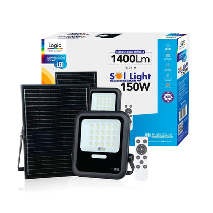 Proyector Solar LED SOL Light 150W con luz fría, panel solar monocristalino, protección IP65 y control remoto, ideal para iluminación exterior residencial sin consumo eléctrico.