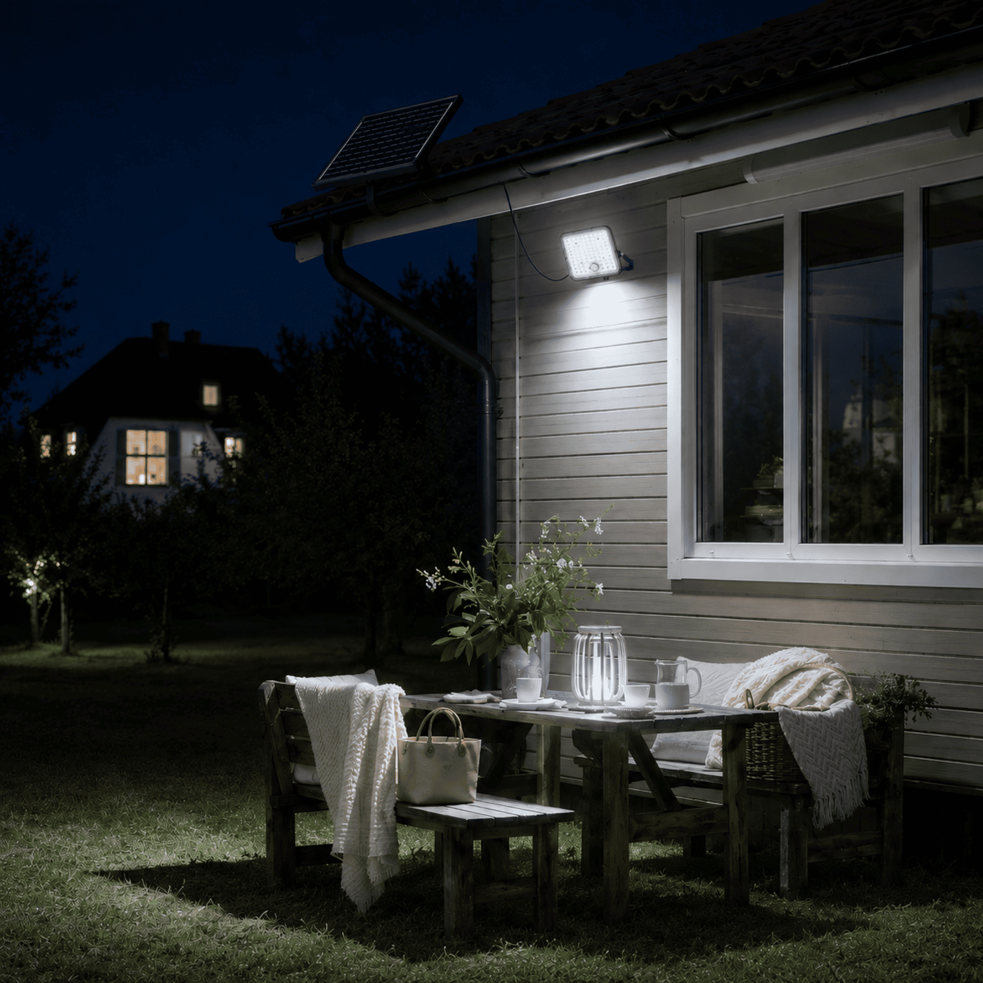 Proyector Solar LED SenseLight 100W iluminando un jardín con sensor de movimiento PIR durante la noche.