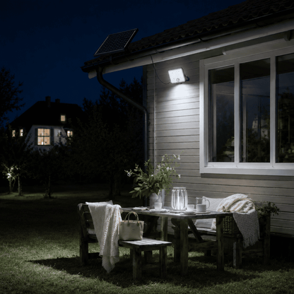 Proyector Solar LED SenseLight 100W iluminando un jardín con sensor de movimiento PIR durante la noche.