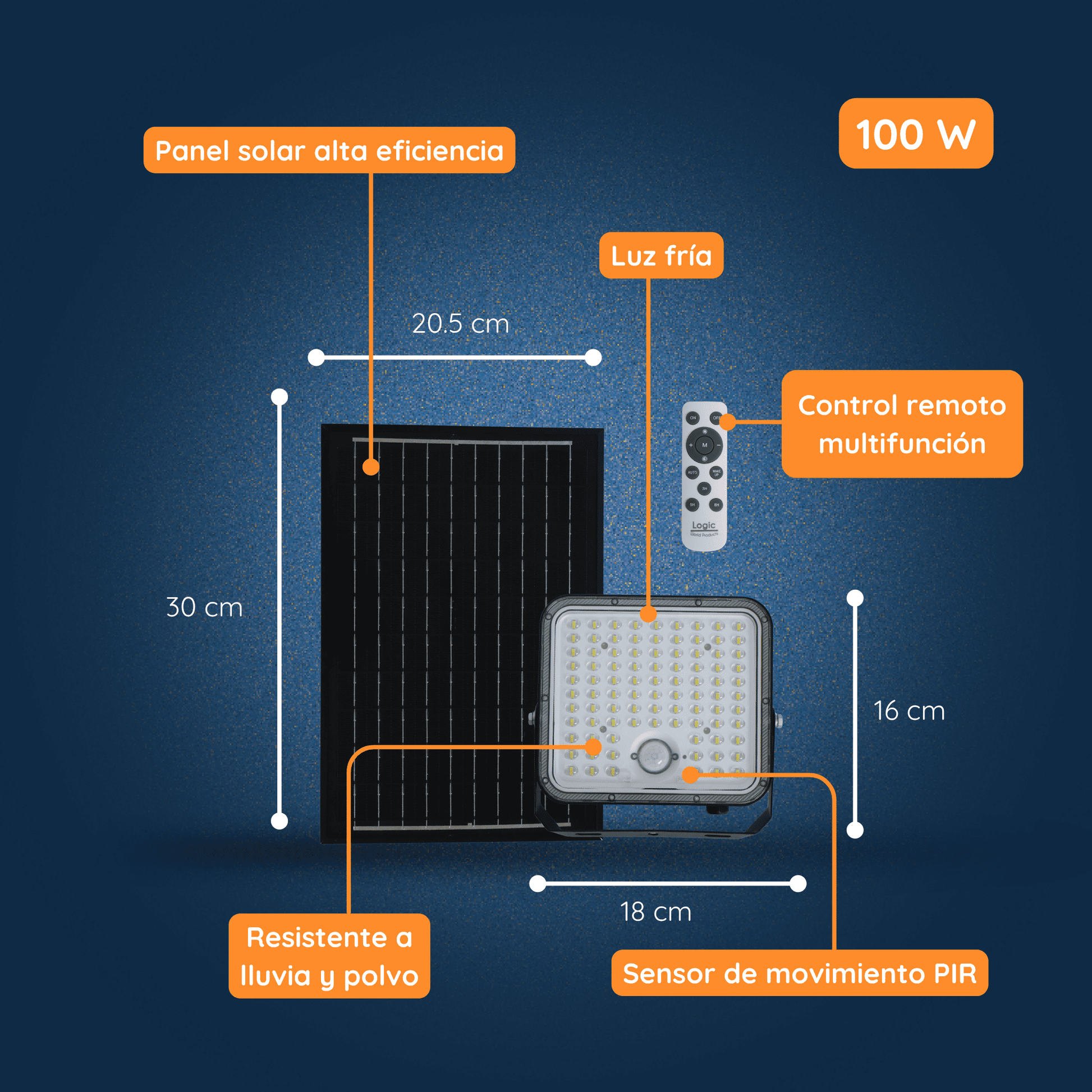 Medidas, dimensiones y características técnicas del Proyector Solar LED SenseLight 100W Luz Fría IP65 con sensor PIR y control remoto.