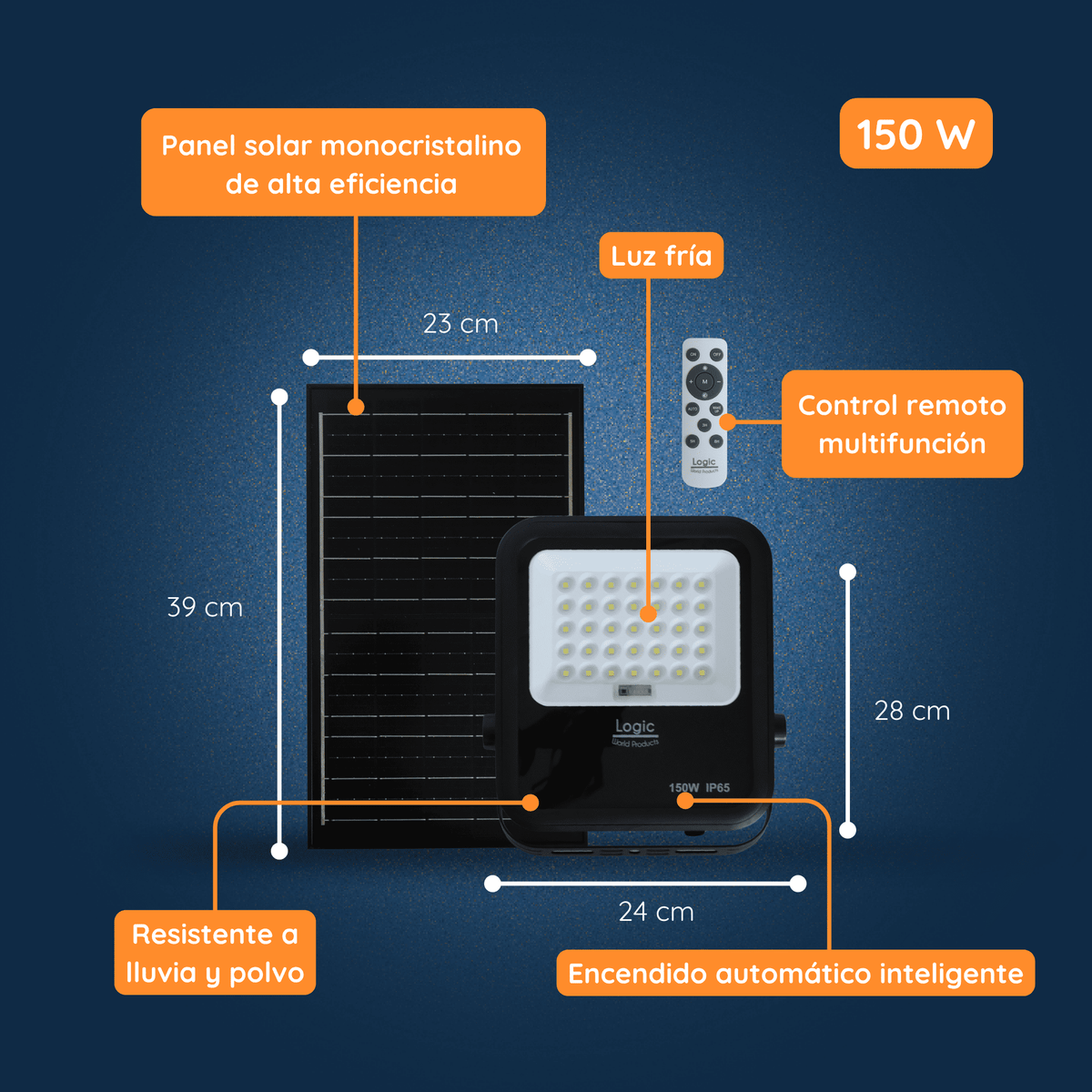 Medidas, dimensiones y características técnicas del Proyector Solar LED SOL Light 150W Luz Fría IP65 con control remoto.