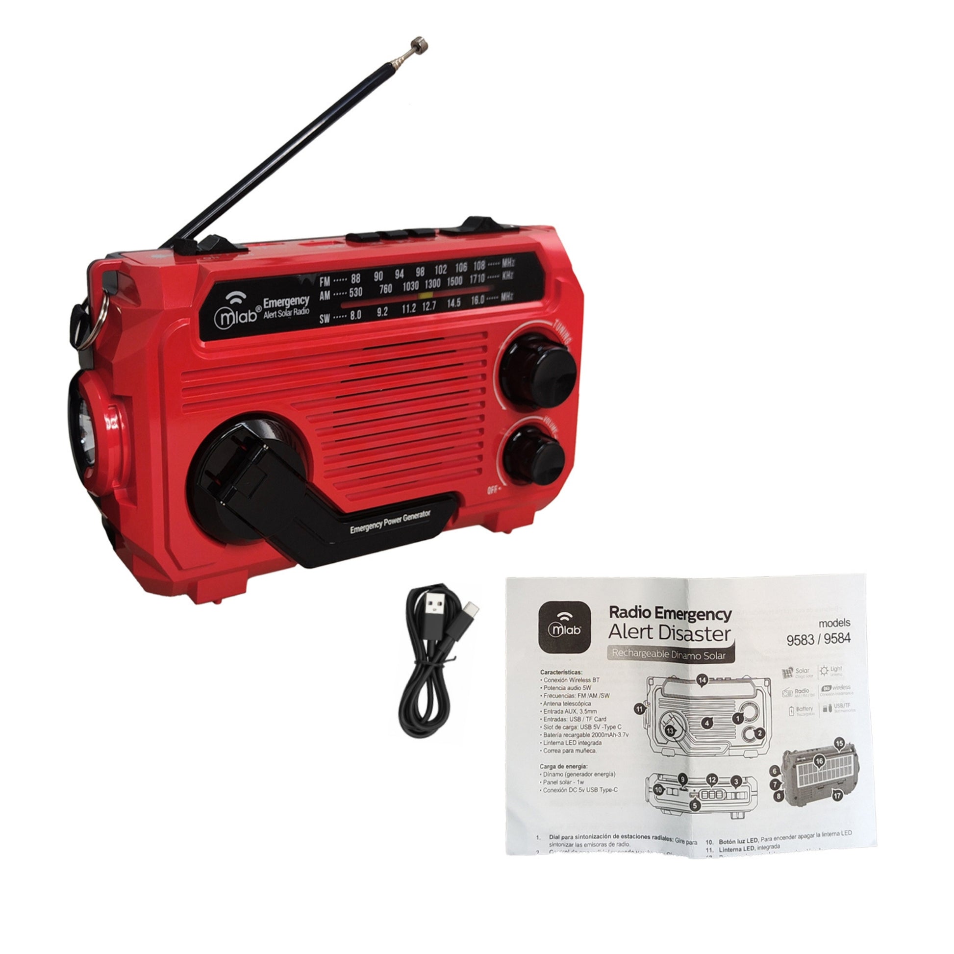 Radio de emergencia Mlab con cable USB y manual de usuario incluidos.