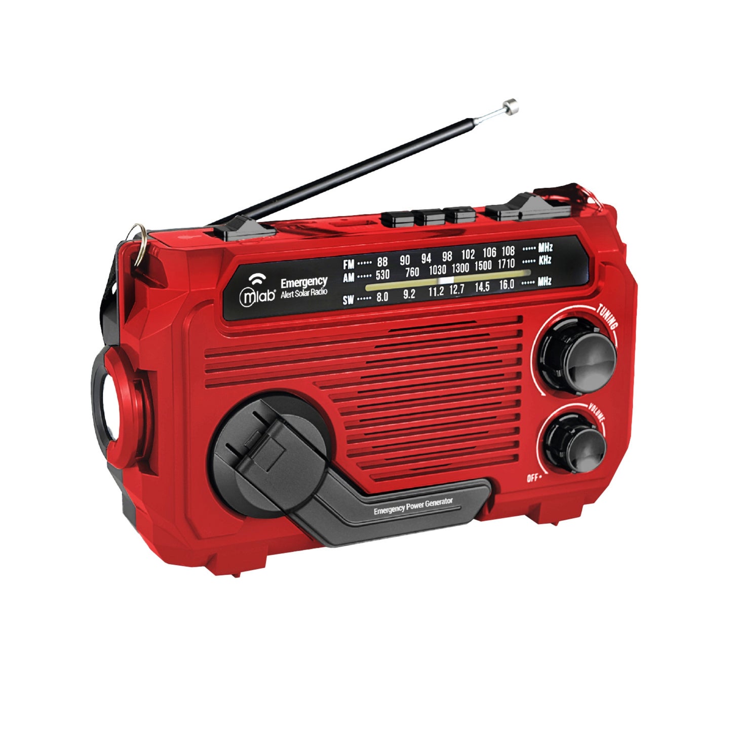 Radio de emergencia Mlab AM FM con linterna LED, antena telescópica y generador de energía dínamo.