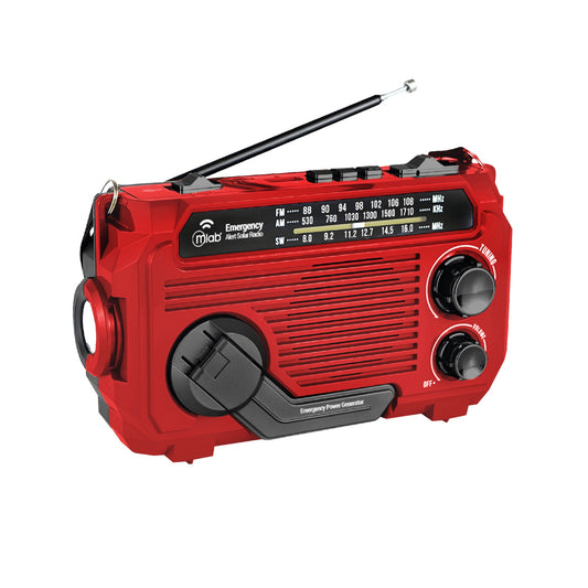 Radio de emergencia Mlab AM FM con linterna LED, antena telescópica y generador de energía dínamo.