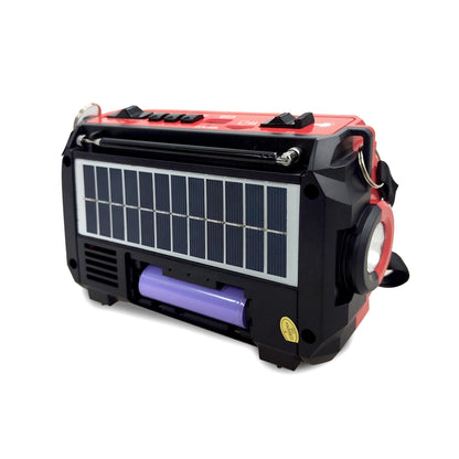 Radio de emergencia Mlab mostrando panel solar y compartimiento de batería recargable.