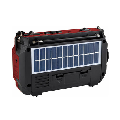 Parte trasera de radio de emergencia Mlab con panel solar integrado para recarga de batería.