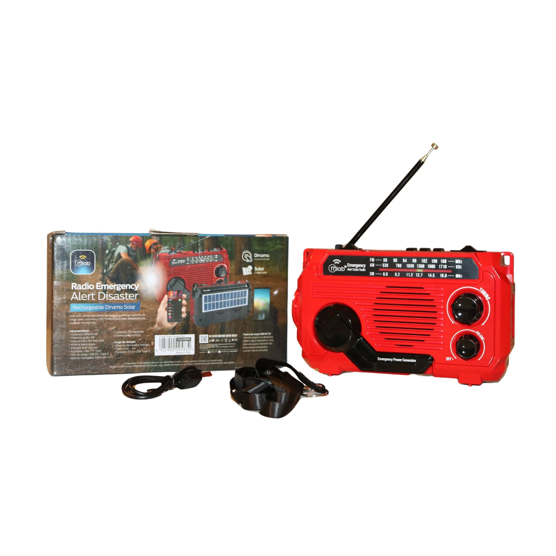 Radio de emergencia Mlab con carga solar, dínamo y linterna LED junto a su caja y accesorios incluidos.