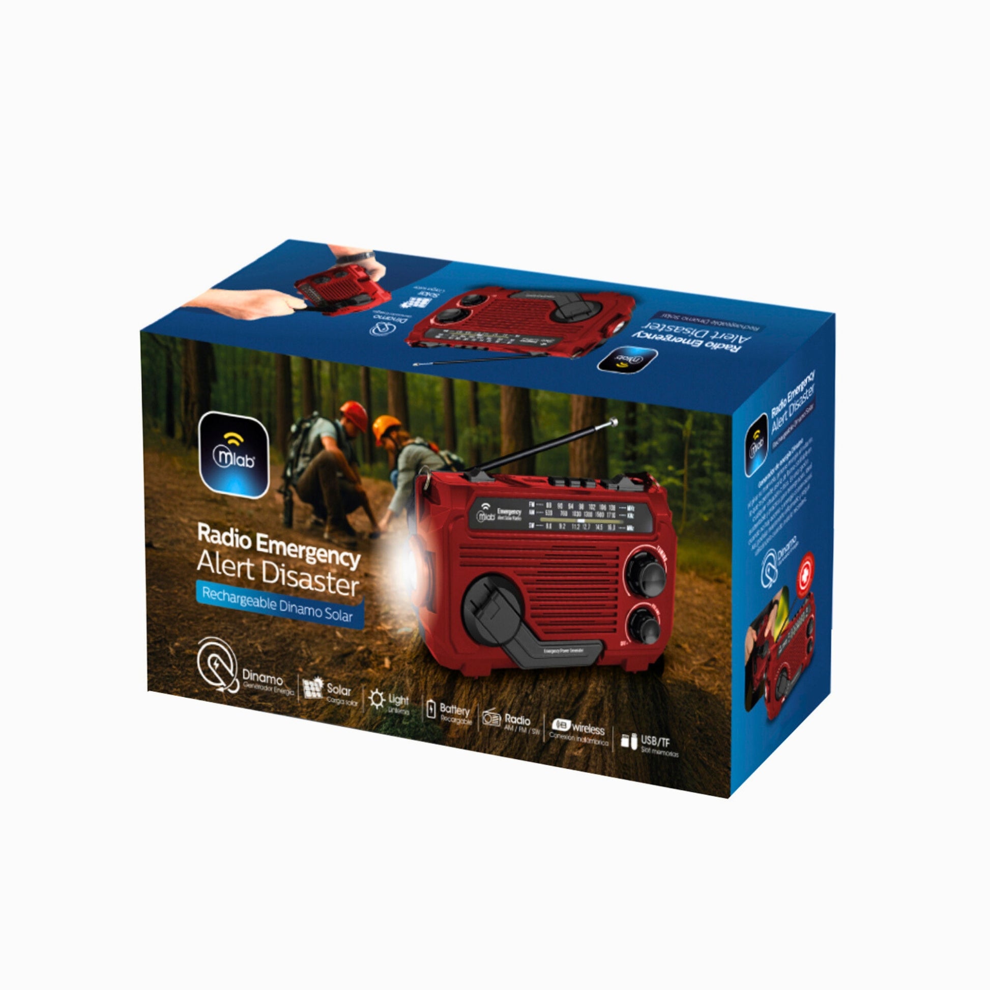 Caja original de radio de emergencia Mlab con carga solar, linterna y generador de energía manual.