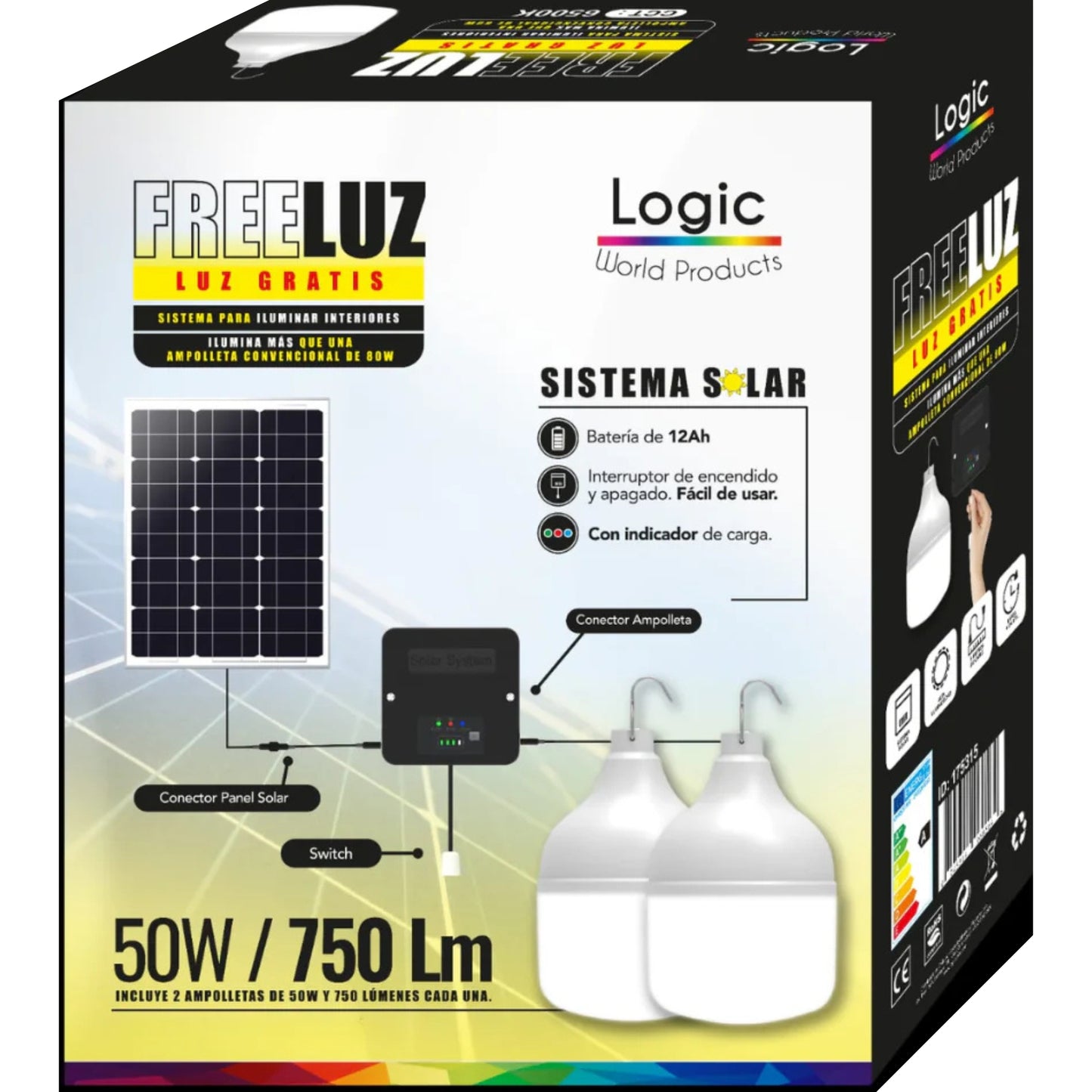 Ampolleta solar LED FreeLuz 2 ampolletas 50W con luz blanca 6500K para interiores.