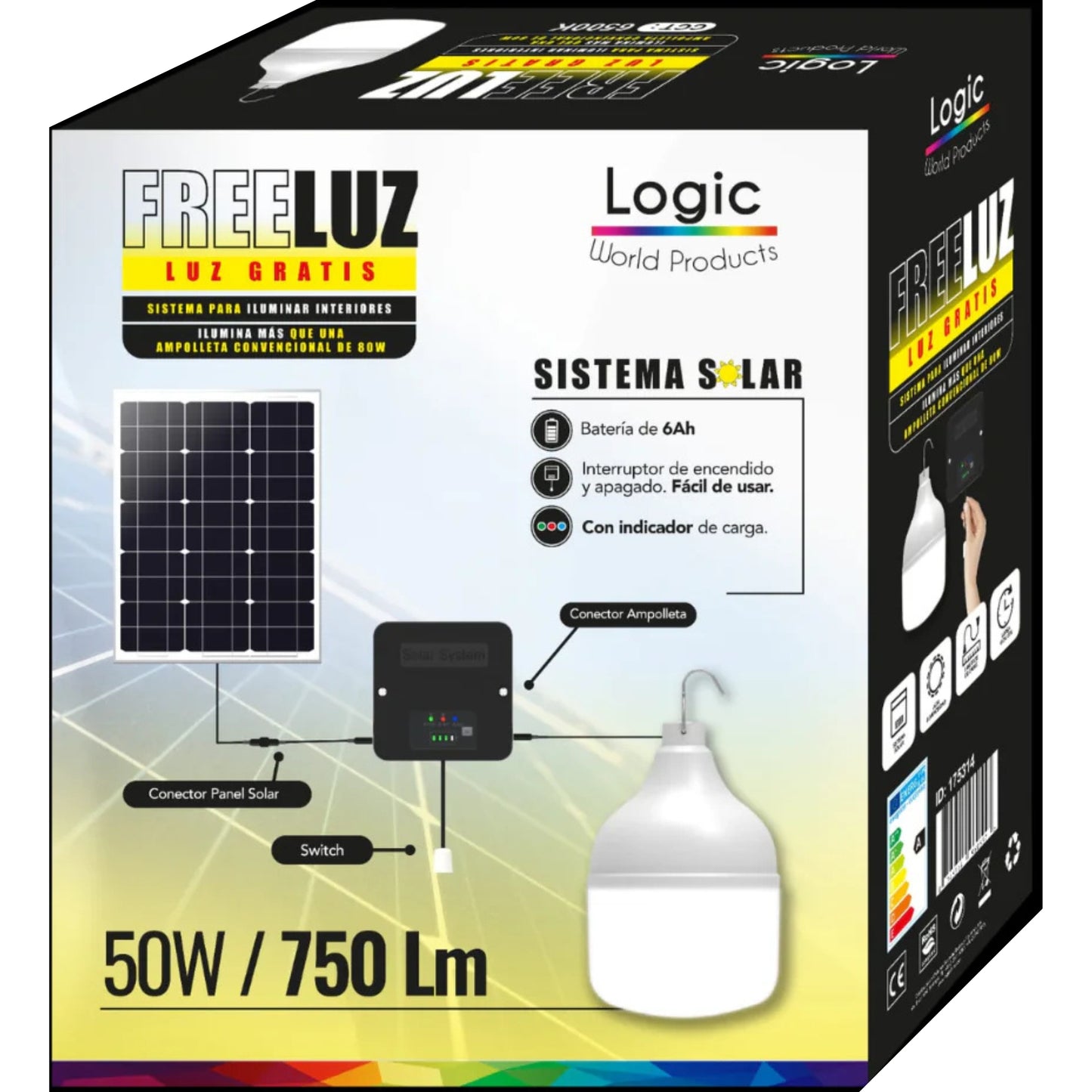 Ampolleta solar LED FreeLuz 50W con luz blanca 6500K para interiores.