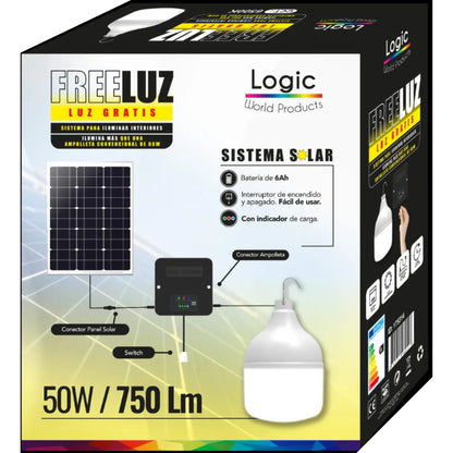 Ampolleta solar LED FreeLuz 50W con luz blanca 6500K para interiores.