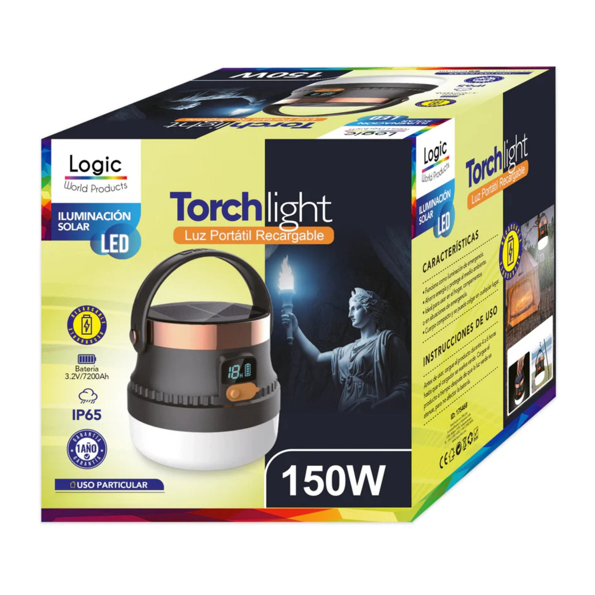 Luz portátil solar recargable Torchlight 150W con batería y panel solar integrado en caja de producto